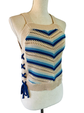 BCBGeneration Festival Crochet Top Lace-up Sides Cream and Blue Knit Size Small